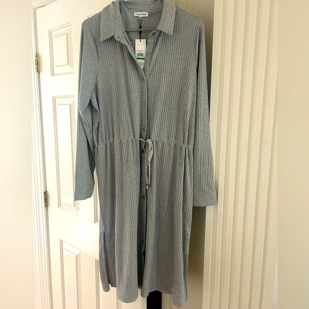 NWT CALVIN KLEIN RIBBED DRAWSTRING BUTTON DOWN SHIRTDRESS IN GRAY SZ L